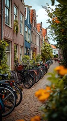 Fototapeta premium Narrow European street with bicycles, brick buildings, and lush foliage