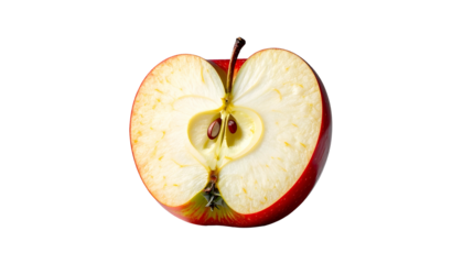 A perfectly cut red apple half revealing seeds and core, isolated