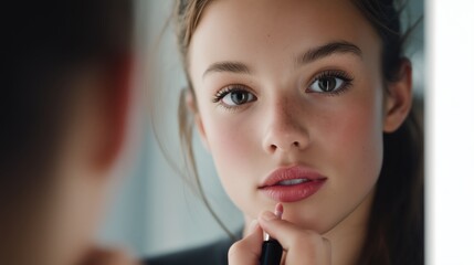 Young woman applying lipstick in front of a mirror
