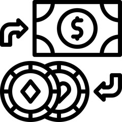 Icon of a Dollar Bill with a Dollar Sign and Poker Chips with Arrows Indicating Exchange on Transparent Background Simple Line Art Illustration