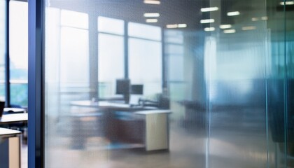 Fototapeta premium close up of a frosted glass door with a blurred view of an office space behind it