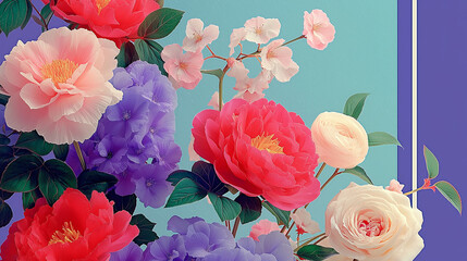 Colorful Floral Composition with Peonies and Hydrangeas on Pastel Background – Modern Botanical Art Design