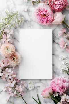 Floral Frame with Pink Peonies and White Blossoms on Marble Background &ndash; Wedding Invitation Mockup