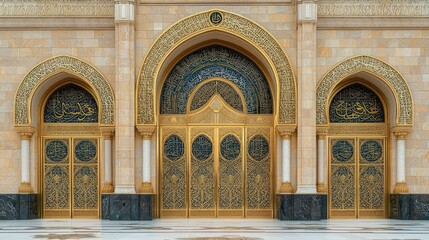 Obraz premium Ornate building facade with golden arches and intricate door patterns