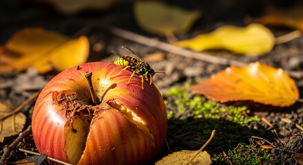 Wasp Feeding on Apple: A vibrant capture of nature's interplay, showcasing a wasp feeding on a partially eaten apple amidst the earthy tones of a forest floor, adorned with fallen leaves.