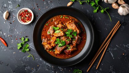 Overhead view of a richly sauced beef stew served in a black bowl garnished with fresh cilantro and spices with chopsticks and garlic in the background