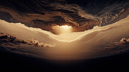 Cinematic Earth cross-section with clouds and atmospheric depth.