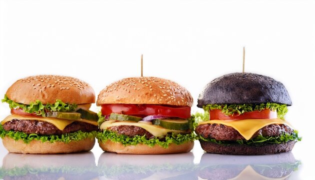 burger on white background hamburger yummy fast food concept fresh homemade grilled burger with meat patty juicy burger variant of burgers burgers in line - Powered by Adobe