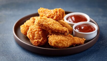 a plate of fried chicken tenders with a side of bbq sauce