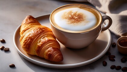 a cup of cappuccino and a croissant on a plate