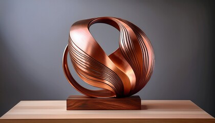 a modern abstract sculpture made of copper and wood displayed on a wooden stand