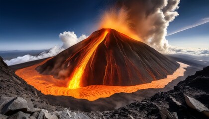 volcanic rebirth and ancient egg a powerful peak spews molten rock and ash below a fractured shell reveals emerging terrain symbolizing primeval origins or a dramatic new beginning