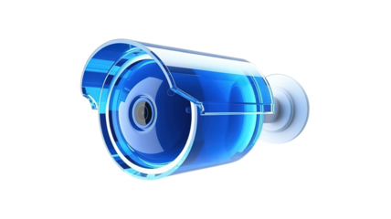 Sleek modern security camera concept with transparent blue casing and advanced lens technology for enhanced surveillance solutions