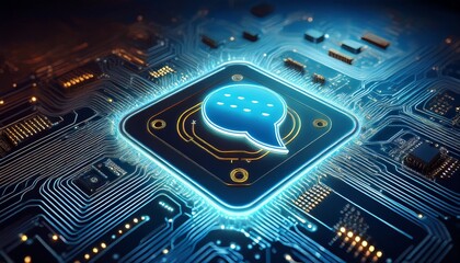 ai customer support for ecommerce concept with glowing chat bubble on microchip symbolizing digital communication