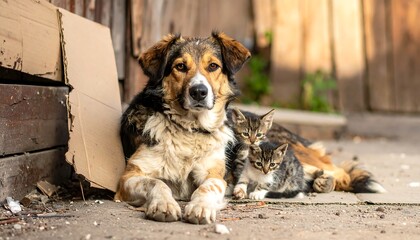 A loyal dog rests peacefully beside two small, adorable kittens, basking in the sunlight. The scene captures a heartwarming moment of unlikely companionship outdoors