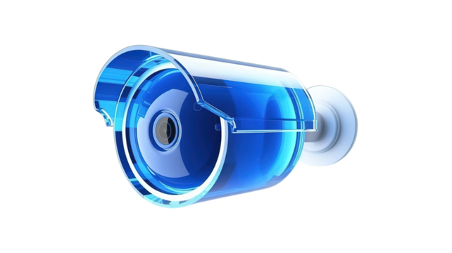 Sleek modern security camera concept with transparent blue casing and advanced lens technology for enhanced surveillance solutions