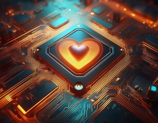 close up of a chip with a glowing heart on a circuit board with visible components and connections
