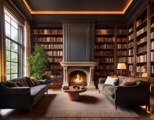 cozy library with a fireplace and bookshelves