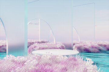 Abstract winter landscape scene with a podium for product display. 3d rendering