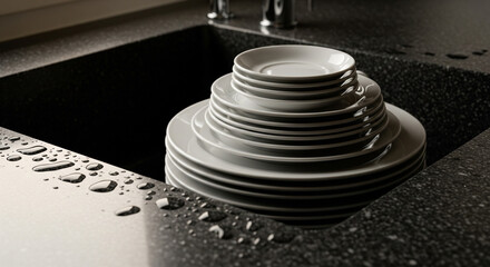 Obraz premium Clean plates stacked in a modern, dark granite kitchen sink. A perfectly neat, tall stack of clean, light-colored plates sits inside a luxurious, dark granite or quartz composite kitchen sink 