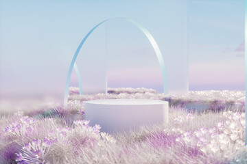 Abstract winter landscape scene with a podium for product display. 3d rendering