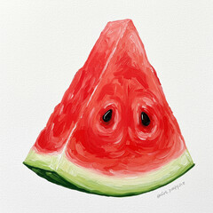 Impasto Watermelon Slice Sticker Design: High Detail Oil Painting on White.