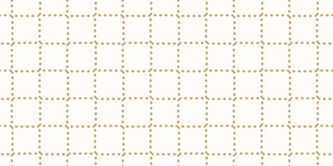 Plaid pattern. Square grid seamless background. Golden vector abstract geometric texture with crossing dash lines, mesh, grill, lattice. Simple gold and white repeated design for decor, print, cover