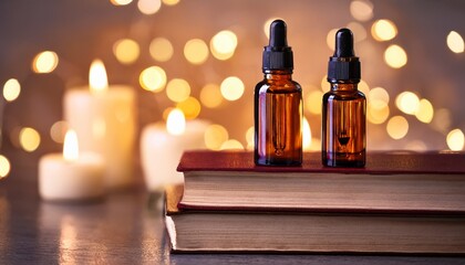 two bottles of essential oils sit on top of a stack of books with candles blurred in the background