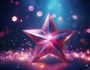 a sparkly pink star in a dark blue and pink background with sparkles and bokeh