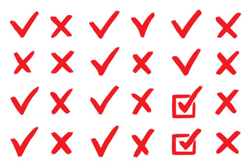 Check tick mark icon set. Cross box x check mark checkbox v list vector draw hand drawn sketch doodle brush marker checklist symbol wrong right circle. Vector Illustration
