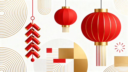 This image features red Chinese lanterns and firecrackers, representing traditional festive elements for celebration.
