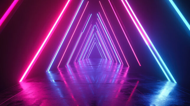 Vibrant neon lights create an immersive corridor experience with vivid colors and geometric reflections