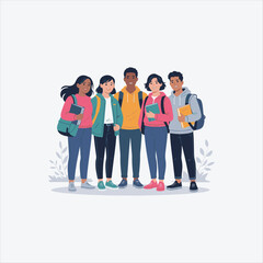 Obraz premium Group of Students Vector Illustration with Books and Backpacks,College Students Standing Together Flat Design Vector,Young People Education Concept Vector Illustration,Diverse Teenagers.