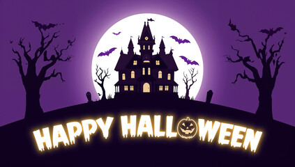 Happy Halloween Spooky Haunted House Silhouette with Bats and Full Moon