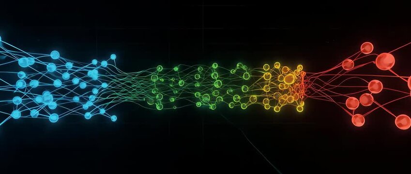 An abstract visualization of a deep learning neural network, showing data flow through its layers. For AI and machine learning concepts.