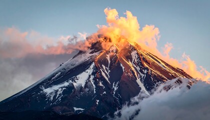 A majestic mountain's peak, capped with snow, erupts with fiery gases that mix with the surrounding clouds. The sunrise illuminates the scene