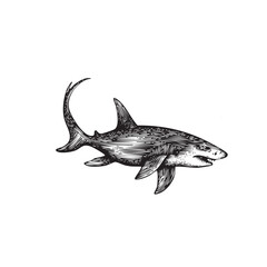 Vintage Engraved Shark Illustration – Antique Black and White Ocean Predator Drawing
