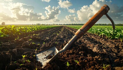 A shovel rests in freshly tilled soil in a field, with rows of crops stretching to the horizon under a partly cloudy sky.