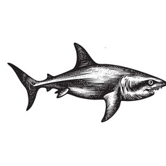 Vintage Engraved Shark Illustration &ndash; Antique Black and White Ocean Predator Drawing
