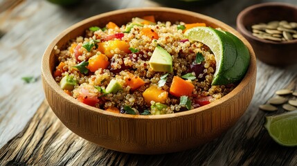 Fresh quinoa salad with avocado mango and lime in a wooden bowl on a rustic wooden table close up shot