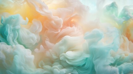 Fototapeta premium Swirls of soft pastel clouds mix together in gentle shades, creating a serene and calming atmosphere. The light background enhances the colors.