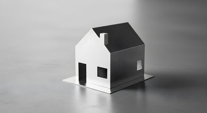 Model Home in Silver: A minimalist silver model home stands on a reflective surface, the sleek design conveying a sense of modernity and simplicity.