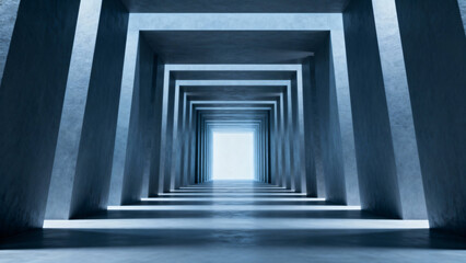 Fototapeta premium An abstract image of a tunnel with multiple rectangular frames leading to a bright light, showcasing geometric patterns and perspective.