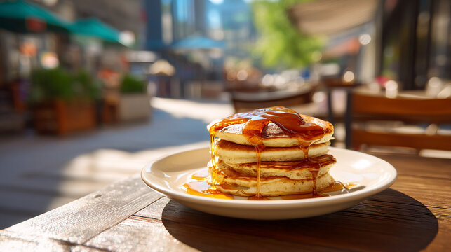 A stack of pancakes on a white plate with syrup dripping down on a wooden table outside cafe