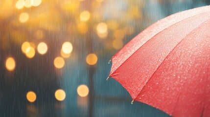 A vibrant red umbrella is open in the rain, while droplets fall around it, creating a cozy atmosphere with blurred lights in the background.