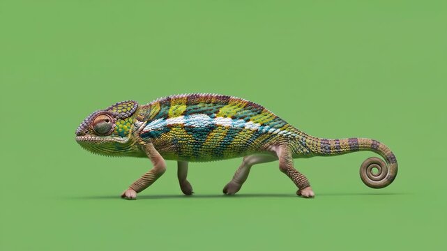 Chameleon walking sequence on vibrant green background, showcasing movement and color adaptation