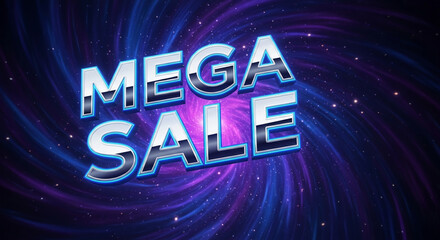Shiny letters "MEGA SALE" against a swirl of cosmic dust and stars, creating a dynamic and attractive visual, representing promotional offer and discount