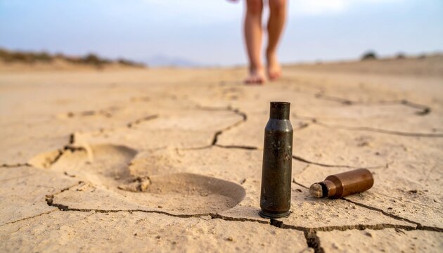 A person walks barefoot across a dry, cracked desert landscape, leaving footprints in the parched earth near discarded bullet casings.