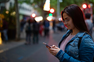 Stylish young woman engrossed in her smartphone while navigating the vibrant city streets at twilight, connecting, communicating, and exploring urban life with ease and confidence