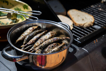 Savor grilled sardines and toasted bread in a delightful outdoor barbecue feast, perfect for summer gatherings and creating delicious Mediterranean-inspired meals with friends